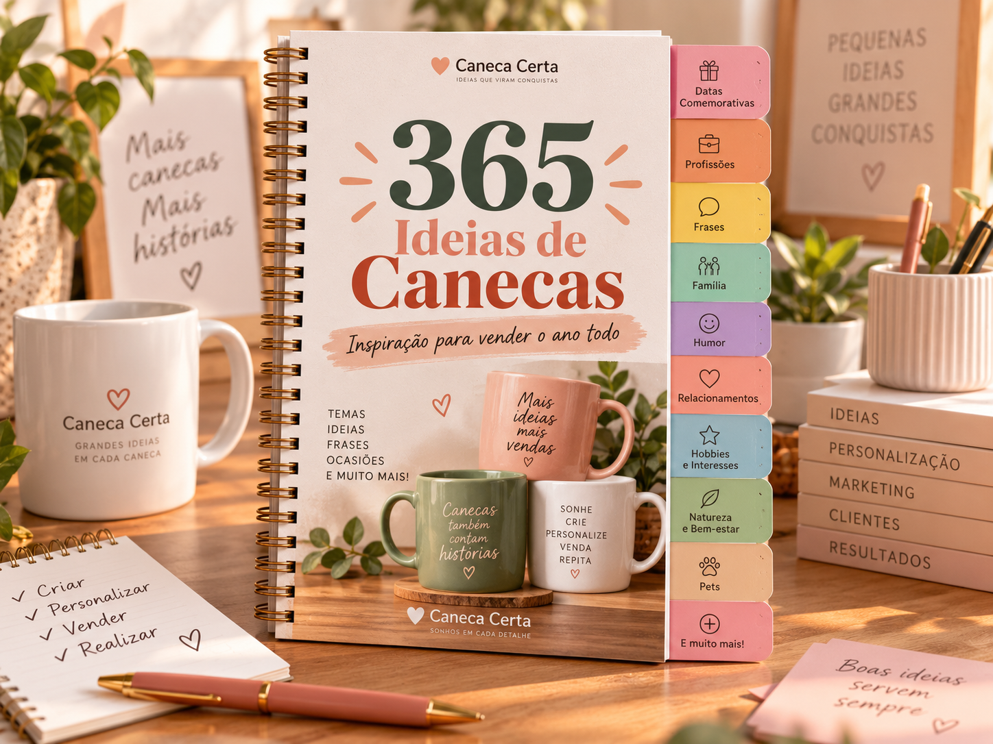 Tela de 365 Ideias de Canecas com sugestões por público e ocasião